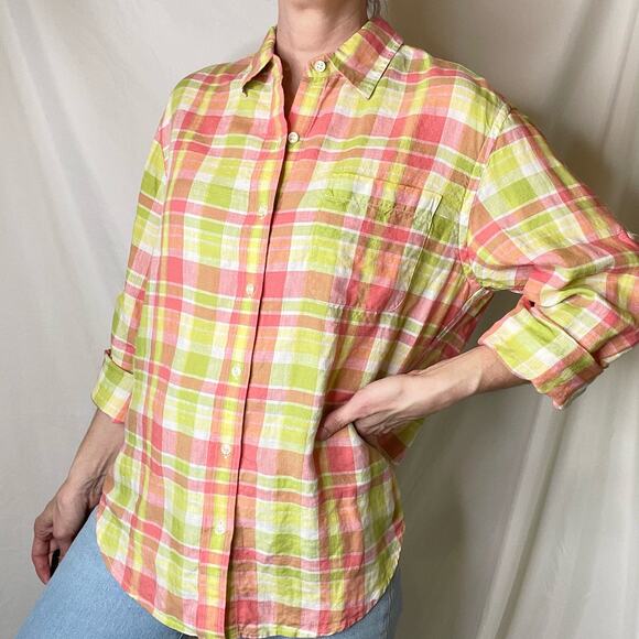 Vintage linen button-down shirt long sleeve plaid blouse watermelon pink green M - Picture 10 of 17